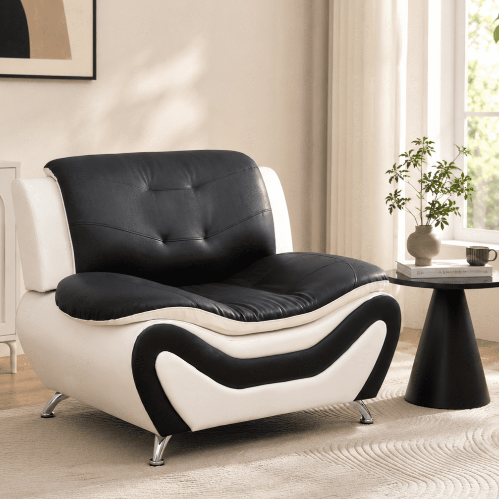 Gewnee Accent Chair Single Sofa, 42" Breathable Leather Sofa Chair with Solid Wood Frame & Metal Legs, Modern Furniture for Living Room Bedroom Office, Black and White