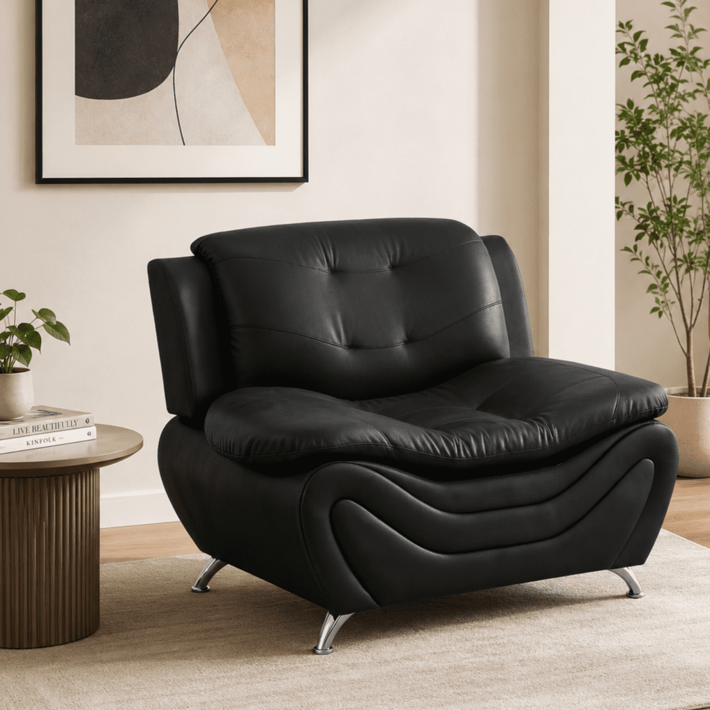 Gewnee Accent Chair Single Sofa, 42" Breathable Leather Sofa Chair with Solid Wood Frame & Metal Legs, Modern Furniture for Living Room Bedroom Office, Black