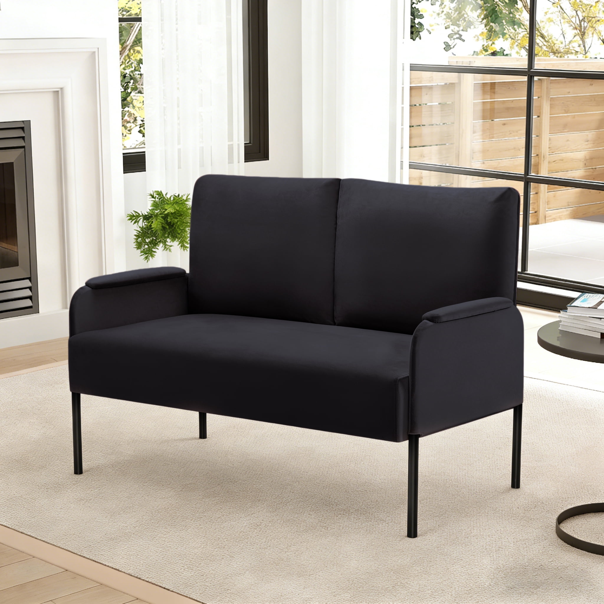 Gewnee 45.7”Loveseat Couch for Small Spaces,Mid-Century Modern 2-Seater Sofa with Metal Frame & Black Legs,Removable Washable Back Cushion Cover,Easy Assembly.Black