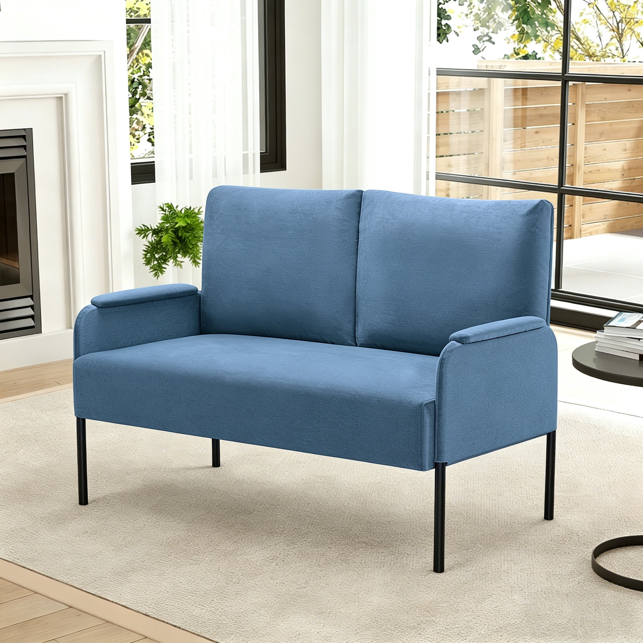 Gewnee 45.7”Loveseat Couch for Small Spaces,Mid-Century Modern 2-Seater Sofa with Metal Frame & Black Legs,Removable Washable Back Cushion Cover,Easy Assembly.Navy Blue