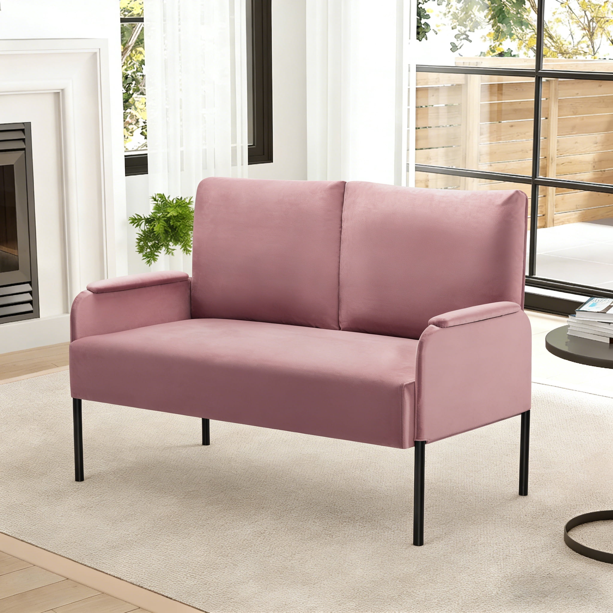 Gewnee 45.7”Loveseat Couch for Small Spaces,Mid-Century Modern 2-Seater Sofa with Metal Frame & Black Legs,Removable Washable Back Cushion Cover,Easy Assembly.Pink