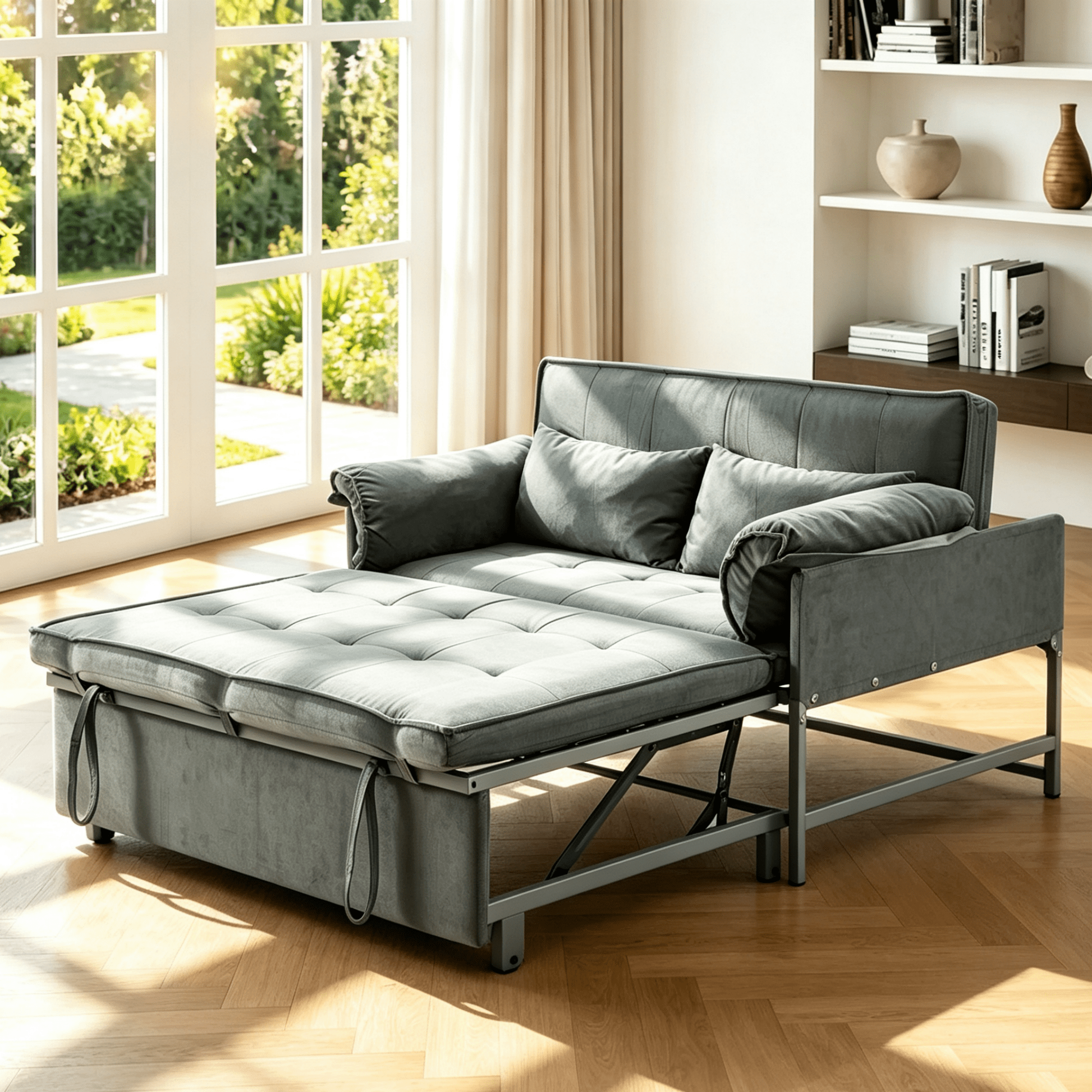 Gewnee 46"3 in 1 Convertible Sofa Bed,Pull Out Loveseat Couch with Adjsutable Backrest and 2 Pillows,Sleeper Sofa for Living Room.Gray