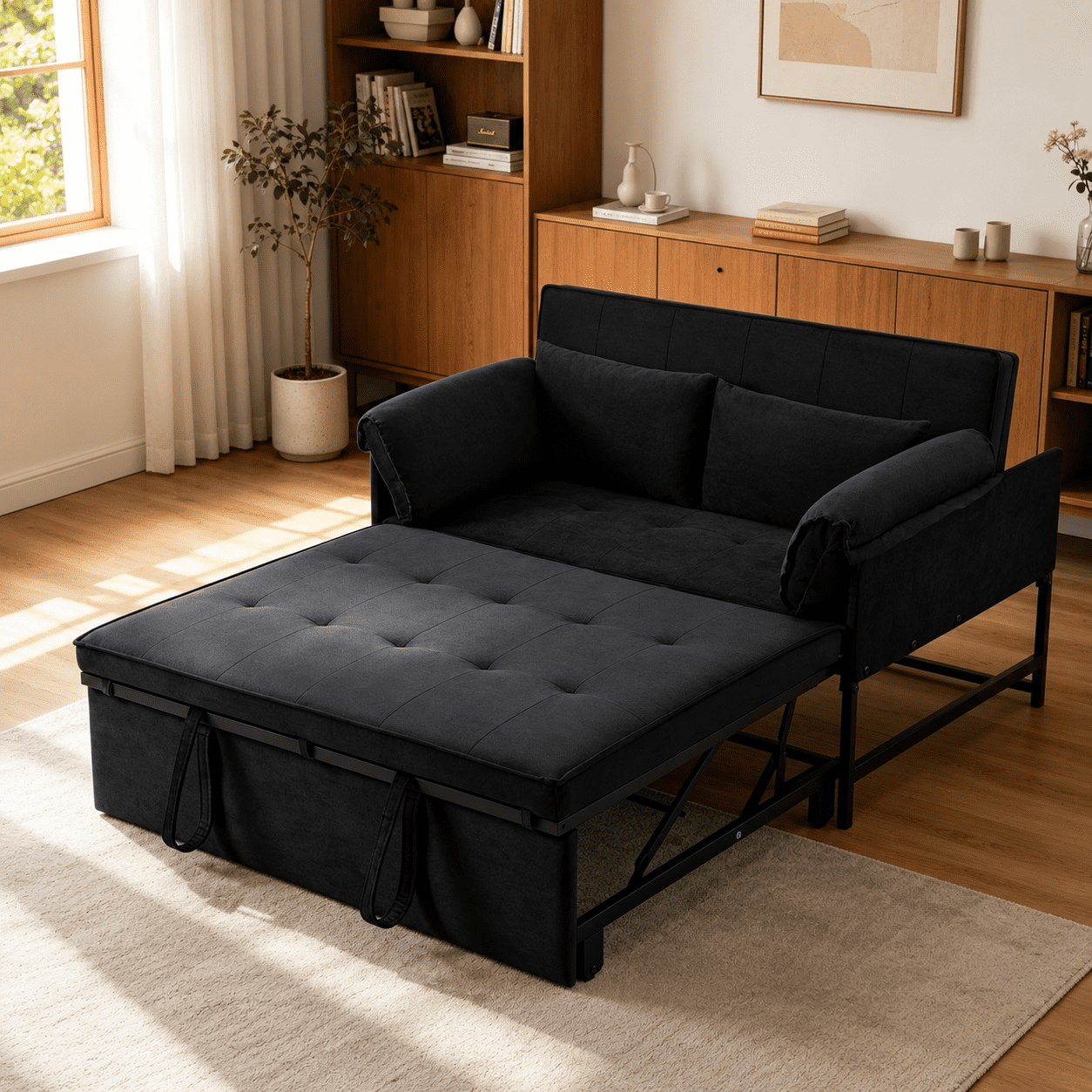 Gewnee 46"3 in 1 Convertible Sofa Bed,Pull-out Sleeper with 5 Reclining Positions for Living Room,Apartment,Velvet Black