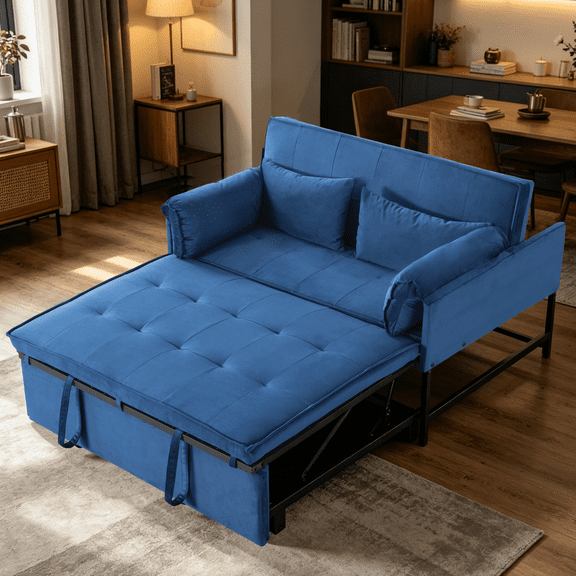 Gewnee 46"3 in 1 Convertible Sofa Bed,Pull-out Sleeper with 5 Reclining Positions for Living Room,Apartment,Velvet Navy Blue