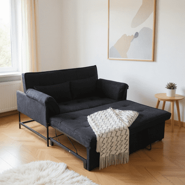 Gewnee 46" Convertible Sleeper Sofa Bed Velvet Futon Couch,Pull-Out Bed, Modern Loveseat for Living Room, Apartment, Small Space ( Black)