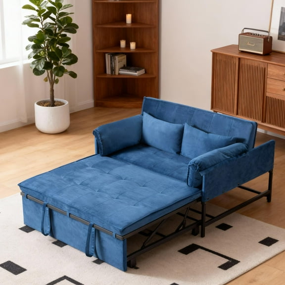 Gewnee 46" Convertible Sleeper Sofa Bed Velvet Futon Couch,Pull-Out Bed,Modern Loveseat for Living Room,Apartment,Small Space ( Navy Blue )