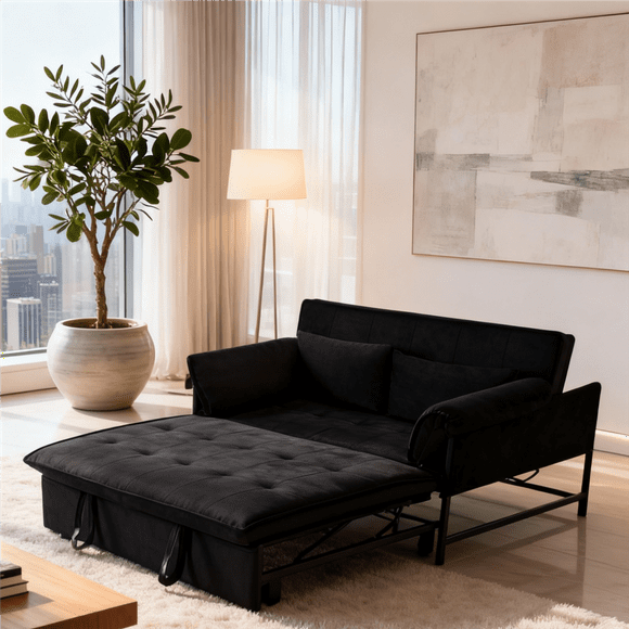 Gewnee 46" Convertible Sleeper Sofa Bed Velvet Futon Couch,Pull-Out Bed,Modern Loveseat for Living Room,Apartment,Small Space ( Black)
