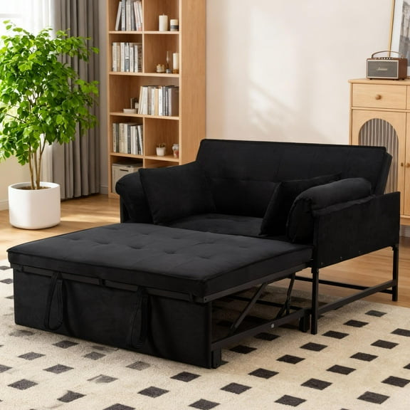 Gewnee 46" Convertible Sleeper Sofa Bed Velvet Futon Couch,Pull-Out Bed,Modern Loveseat for Living Room,Apartment,Small Space ( Black)