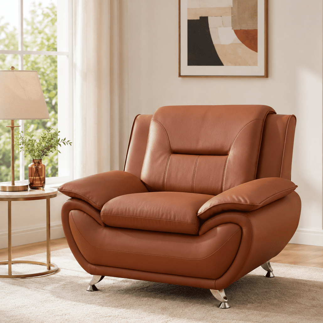 Gewnee Single Sofa, 46" Sofa Chair,Breathable Faux Leather Upholstery, Solid Wood Frame Living Room Lounge Accent Chair ，Bright Bronze