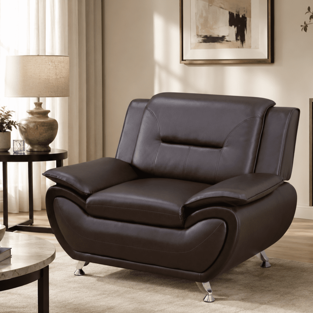 Gewnee Single Sofa, 46" Sofa Chair,Breathable Faux Leather Upholstery, Solid Wood Frame Living Room Lounge Accent Chair ，Brown