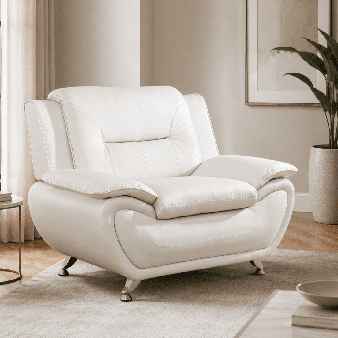 Gewnee Single Sofa, 46" Sofa Chair, Breathable Faux Leather Upholstery, Solid Wood Frame Living Room Lounge Accent Chair ，White