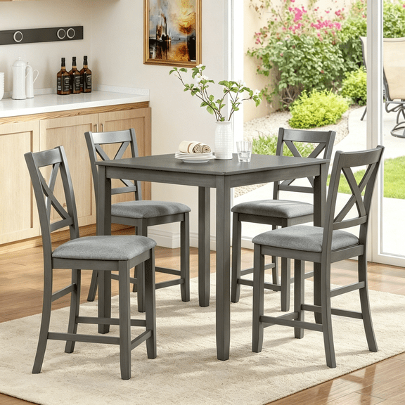 Gewnee 5-Piece Counter Height Dining Set – 34.5" Square Wooden Table + 4 Upholstered Chairs,Space-Saving Design for Small Kitchen and Dining Room,Gray