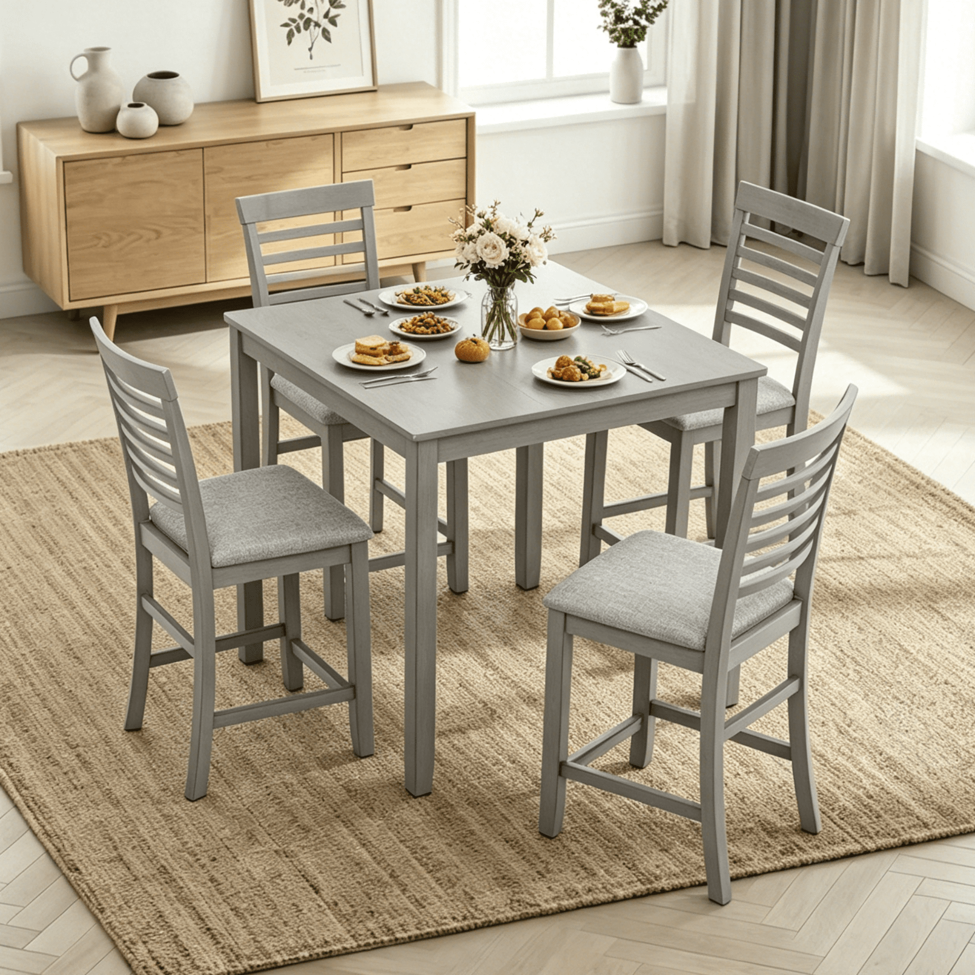 Gewnee 5-Piece Counter Height Dining Set – 34.5" Square Wooden Table + 4 Upholstered Chairs,Space-Saving Design for Small Kitchen and Dining Room,Gray