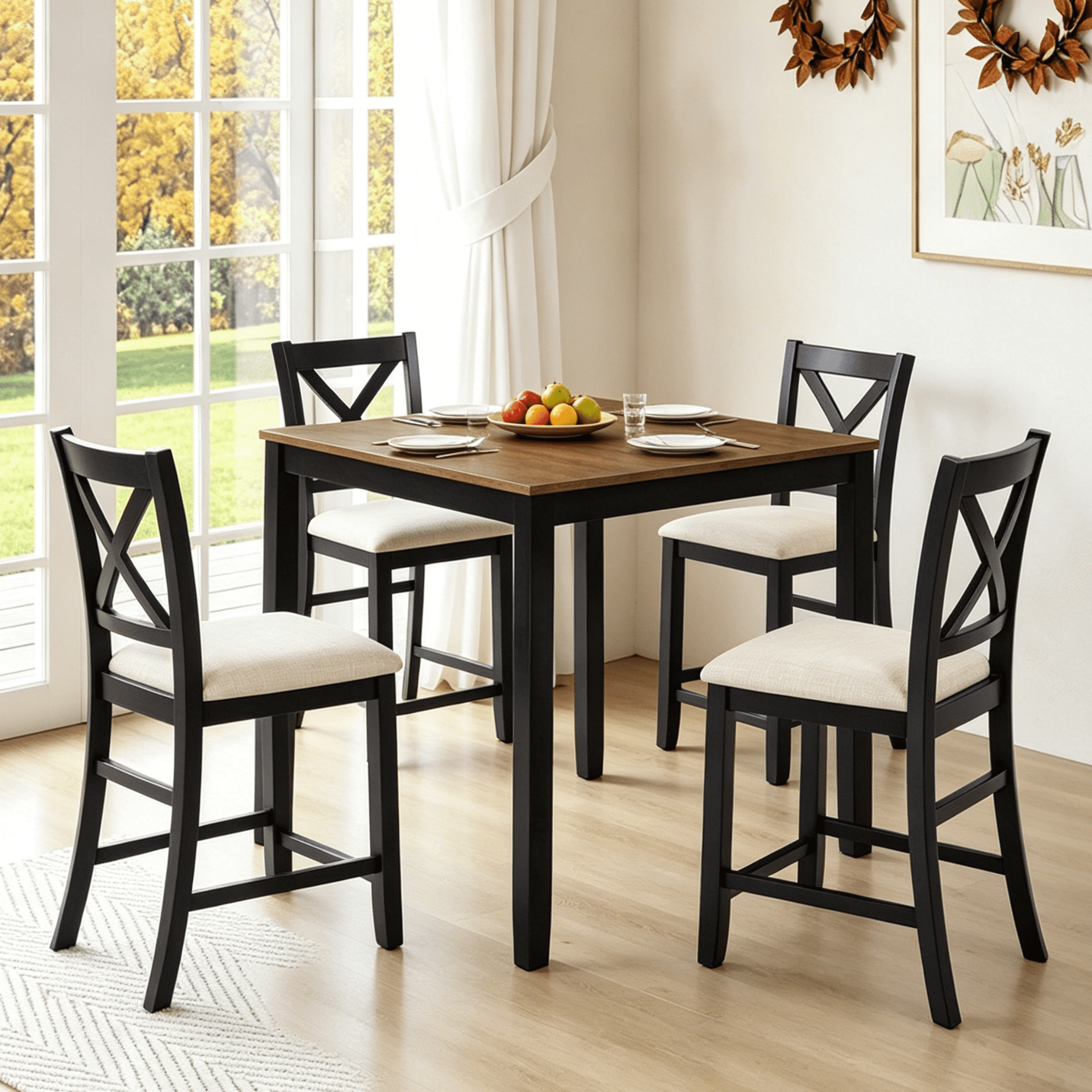 Gewnee 5-Piece Counter Height Dining Table Set with 4 Chairs,Classic Farmhouse Wooden 34.5" Square Table for Kitchen,Dining Room,Black & Oak Two-Tone.