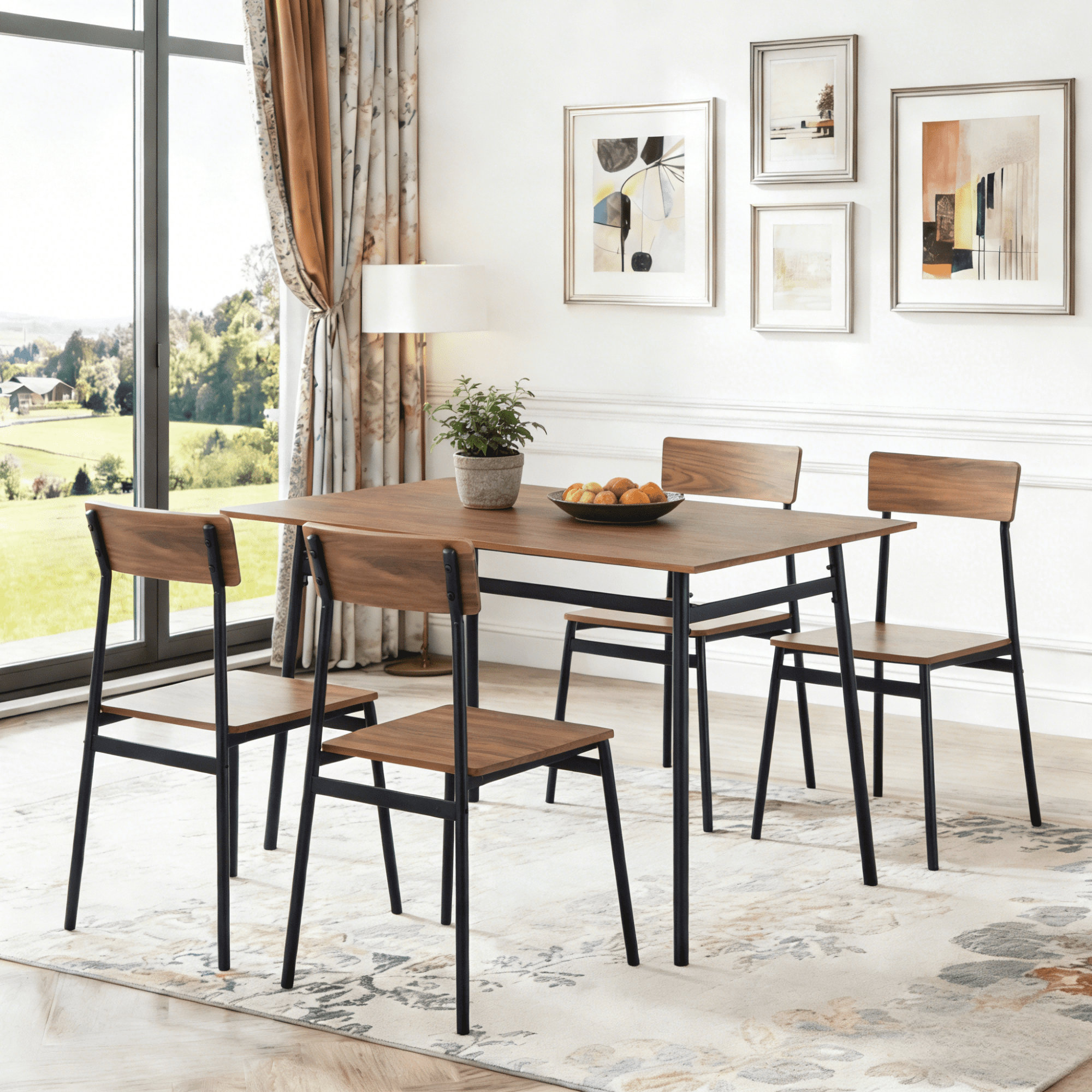 Gewnee 5-Piece Dining Table Set for 4 Small Spaces Kitchen Table Set with Chairs Rectangular MDF Wood Table & Metal Base Dining Room Furniture Set with Walnut Grain Finish