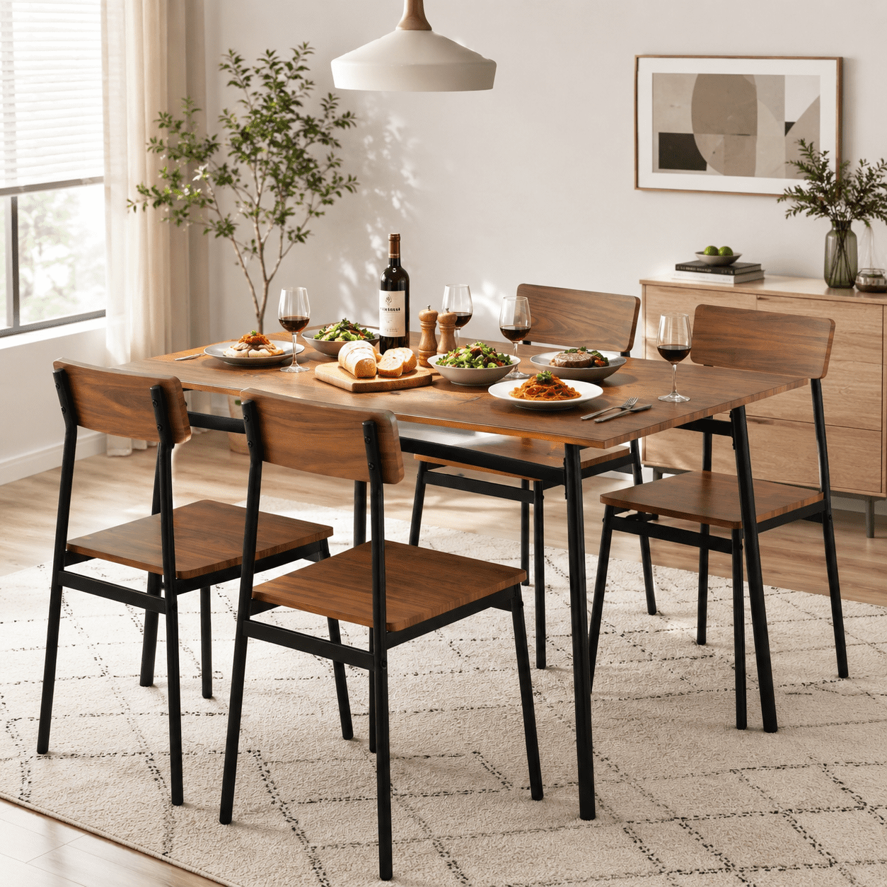 Gewnee 5-Piece Dining Table Set for 4, Rectangular MDF Table with Metal Base for Kitchen, Walnut Grain