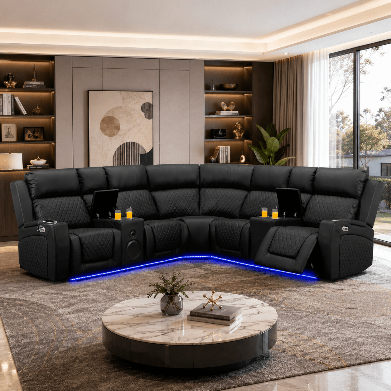 Gewnee 5-Seat Power Reclining Sectional L-Shaped Sofa with PU Upholstery, LED Lights, Bluetooth Speakers & Console, Black