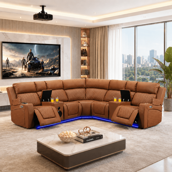 Gewnee 5-Seat Power Reclining Sectional Sofa, PU L-Shaped Couch with LED, Bluetooth & Console, Tan