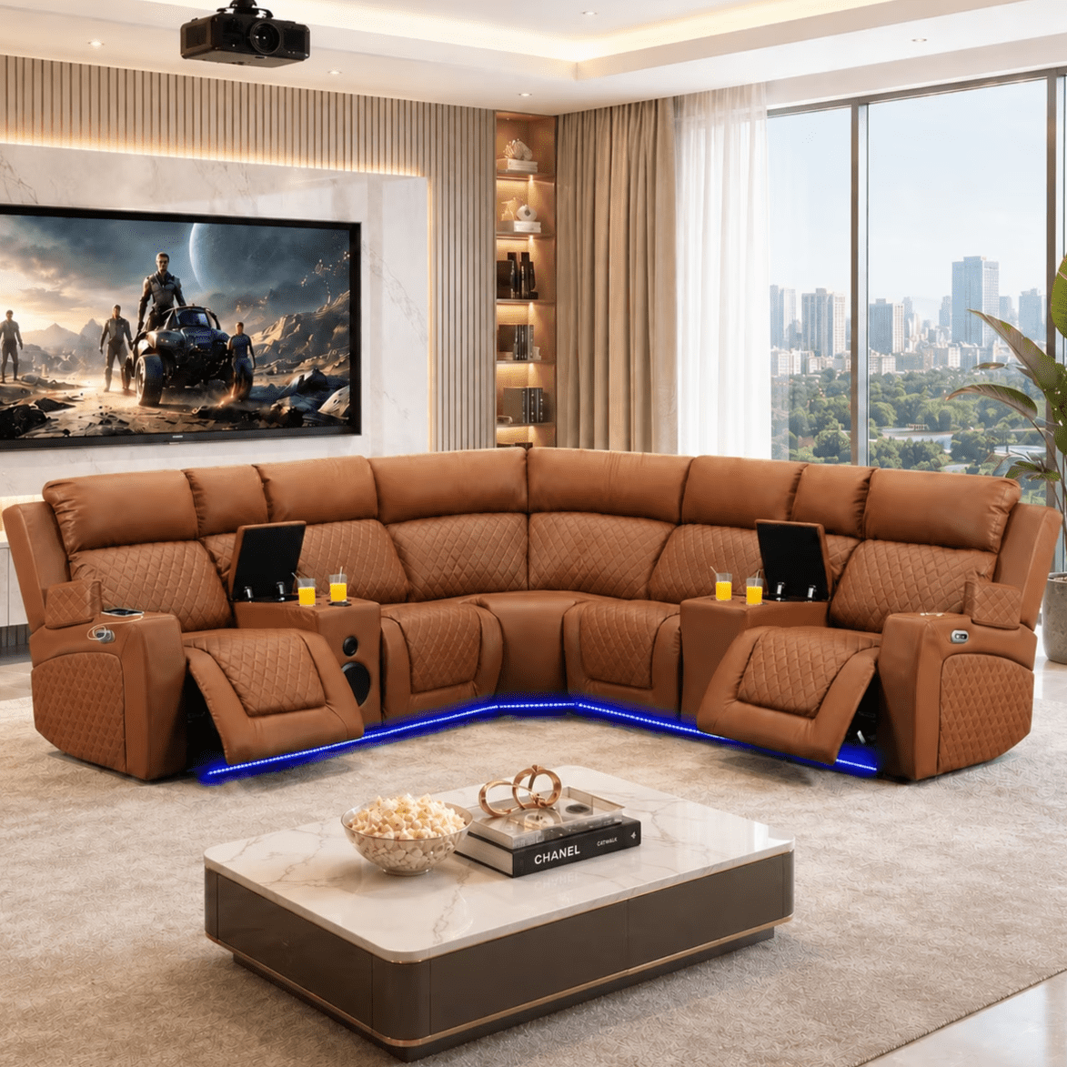 Gewnee 5-Seat Power Reclining Sectional L-Shaped Sofa with PU Upholstery, LED Lights, Bluetooth Speakers & Console, Tan