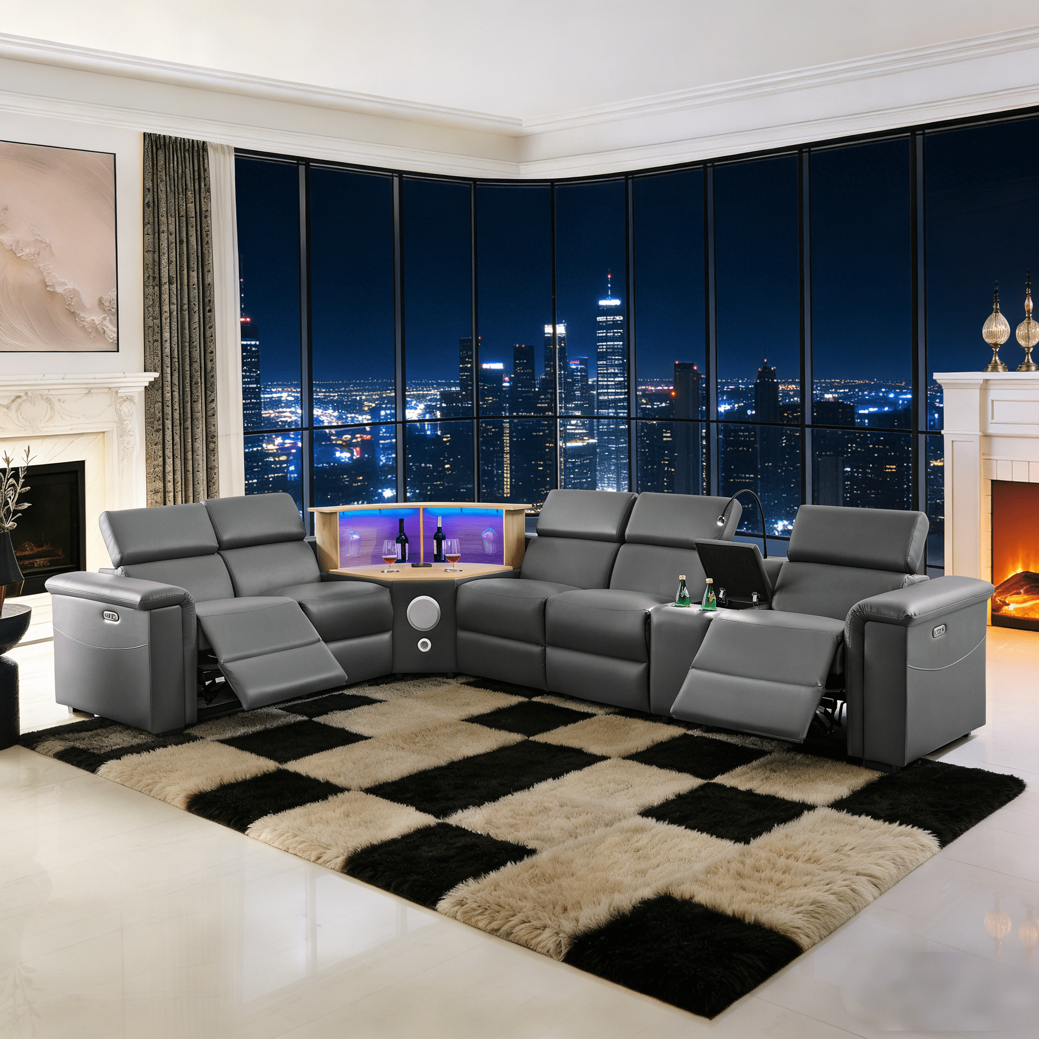 Gewnee 5-Seater Air Leather L-Shaped Sectional Power Recliner Sofa with Lift Cabinet Bluetooth Speakers LED Lights Dark Gray