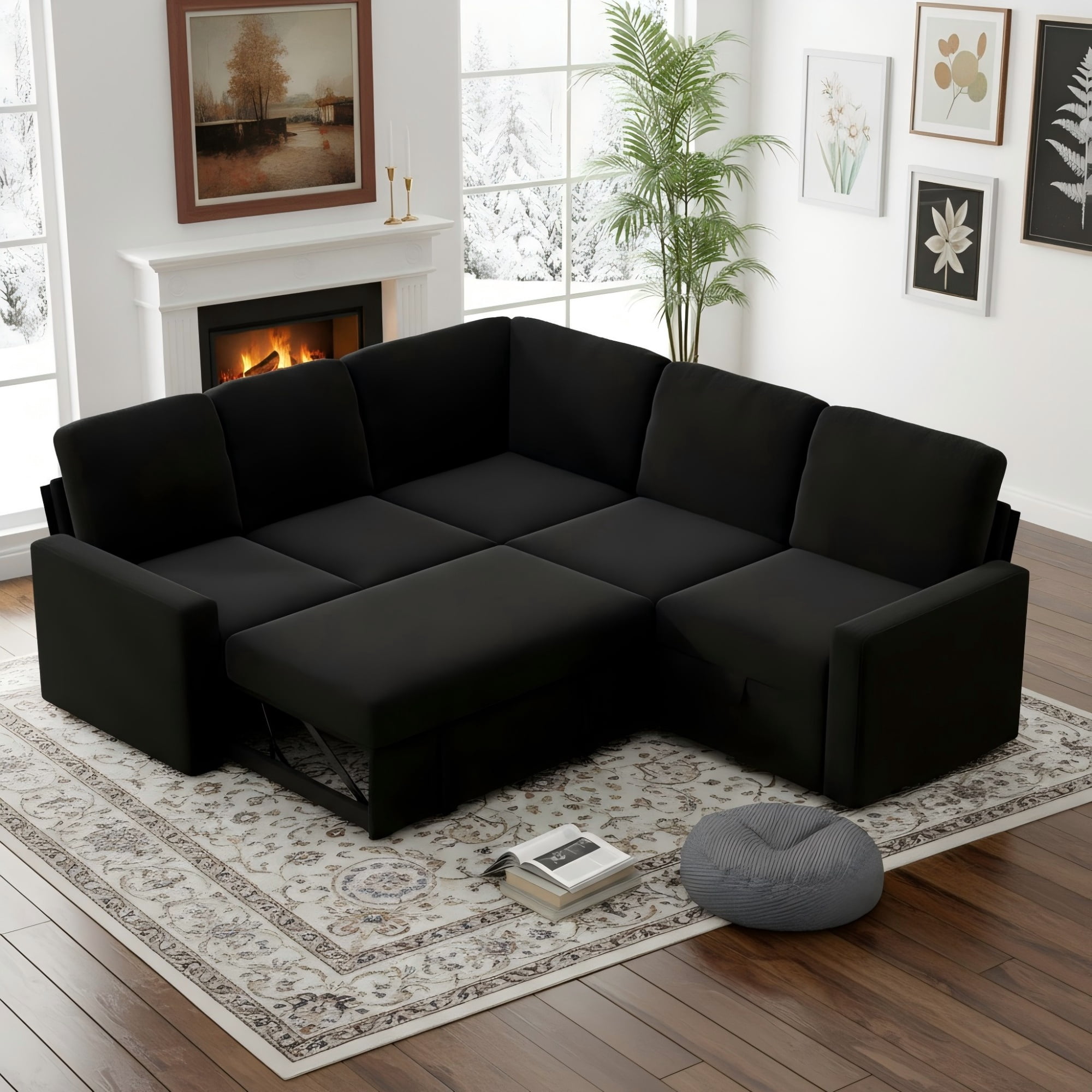 Gewnee 5-Seater Black L-Shaped Convertible Sofa - Skin-Friendly & Wear-Resistant Chenille Fabric, Solid Wood Frame with Multifunctional Storage, for Living Rooms & Halls