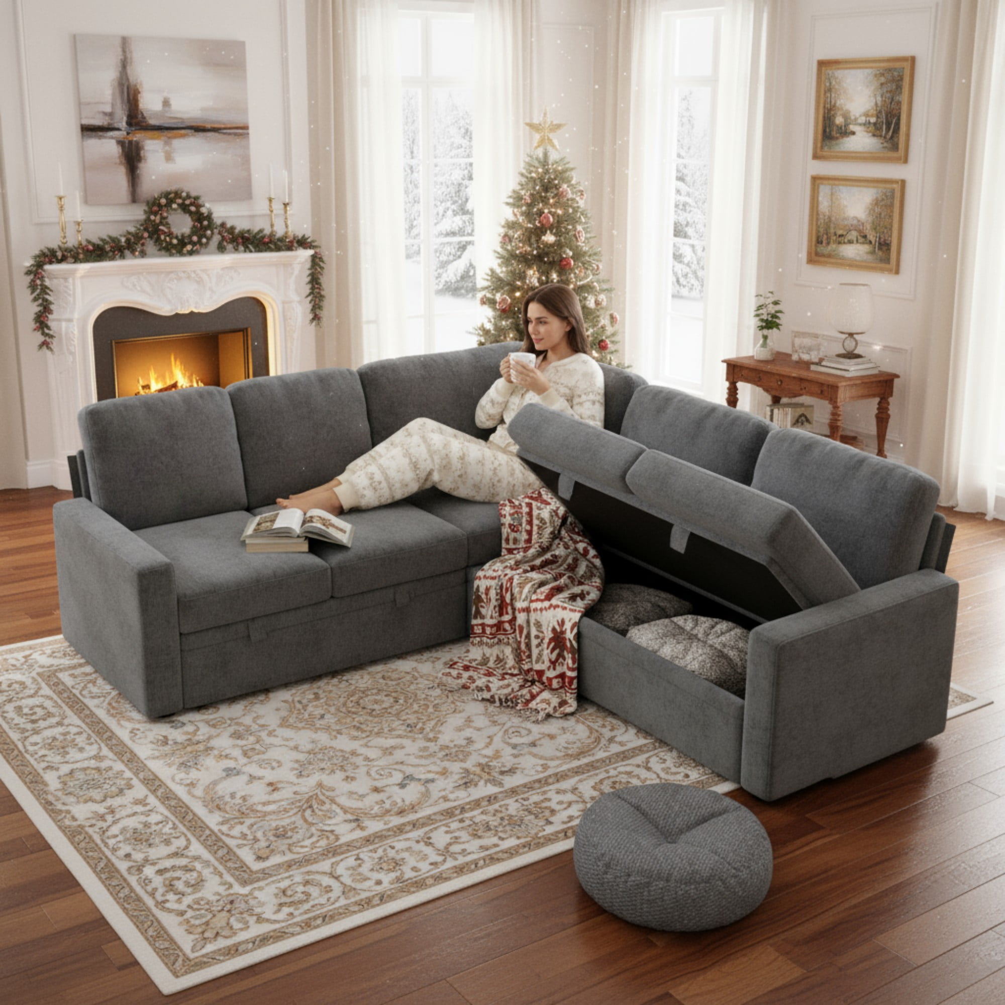 Gewnee 5-Seater Gray L-Shaped Convertible Sofa - Skin-Friendly & Wear-Resistant Chenille Fabric, Solid Wood Frame with Multifunctional Storage, for Living Rooms & Halls