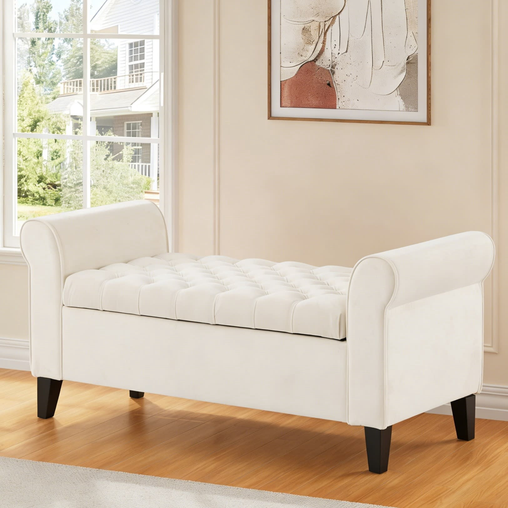 Gewnee 50" Solid Wood Flip Top Storage Bench,Velvet Fabric, for Living Room & Bedroom,Beige