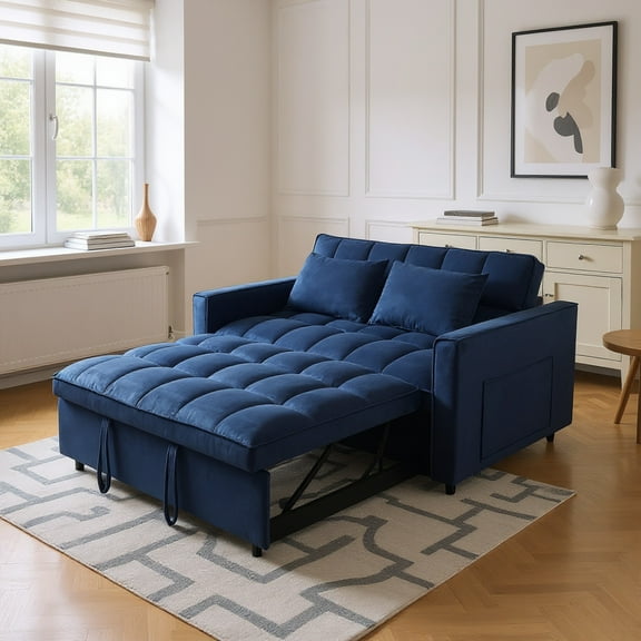Gewnee 51.1 Inch Convertible Sofa Bed, Velvet Loveseat Sofa with Foldable Sofa Bed, Sleeper Sofa for Living Room or Office, Futon Sofa with Adjustable Backrest.Blue