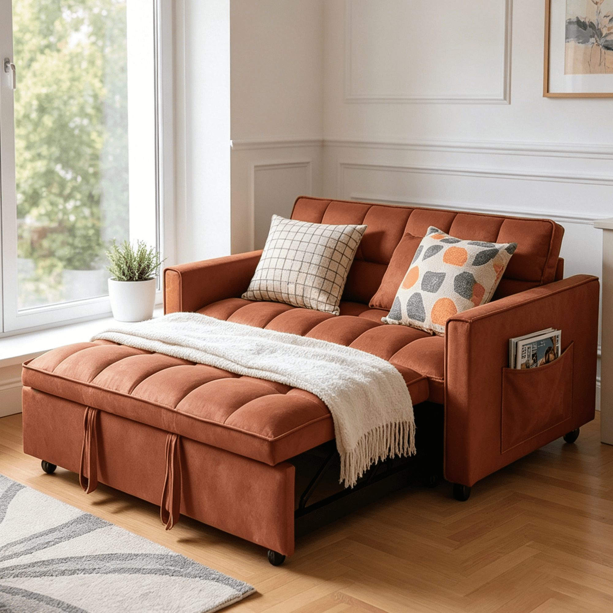 Gewnee 51.1 Inch Convertible Sofa Bed,Velvet Loveseat Sofa with Foldable Sofa Bed,Sleeper Sofa for Living Room or Office,Futon Sofa with Adjustable Backrest.Caramel Color
