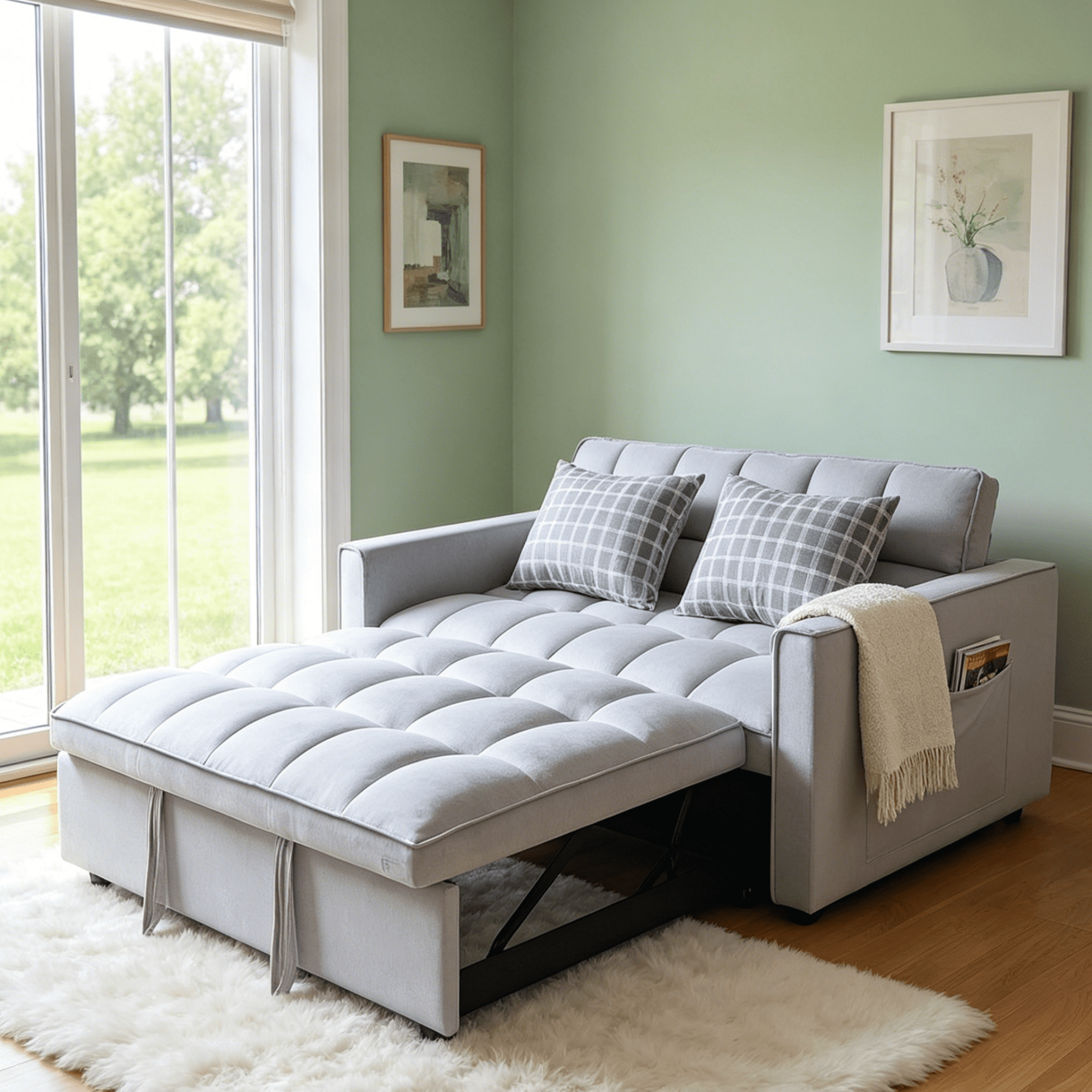 Gewnee 51.1 Inch Convertible Sofa Bed,Velvet Loveseat Sofa with Foldable Sofa Bed,Sleeper Sofa for Living Room or Office,Futon Sofa with Adjustable Backrest.Light Grey