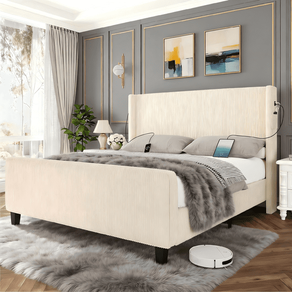 Gewnee 51"High Headboard Platform Queen Bed Frames,Corduroy Upholstered Bed Frame with USB Ports、Wingback and High Footboard.(Beige)