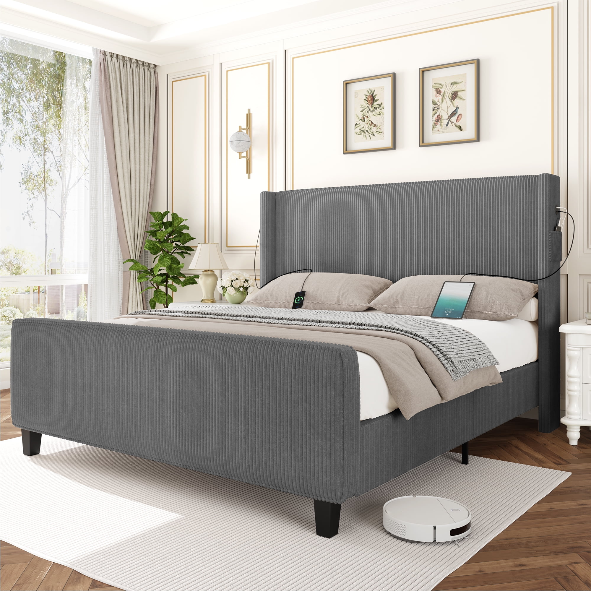 Gewnee 51"High Headboard Platform Queen Bed Frames,Corduroy Upholstered Bed Frame with USB Ports、Wingback and High Footboard.(Dark Grey)