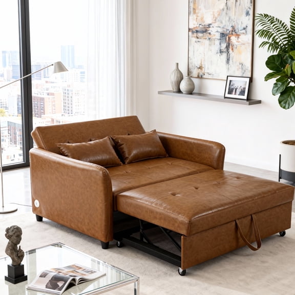 Gewnee Brown Convertible Sofa Bed - Breathable PU Leather, Pulley & Handle, Built-in USB Ports, for Living Room & Guest Room