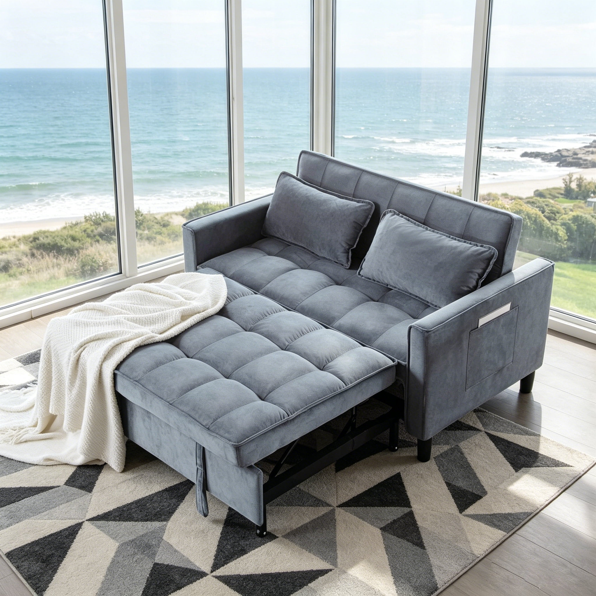 Gewnee 53.94”Convertible Sofa Bed,Pull-Out Sleeper Loveseat with 3 Angle Reclining & Storage Pocket,Futon Sofa for Small Space & Guest Room.Dark Grey