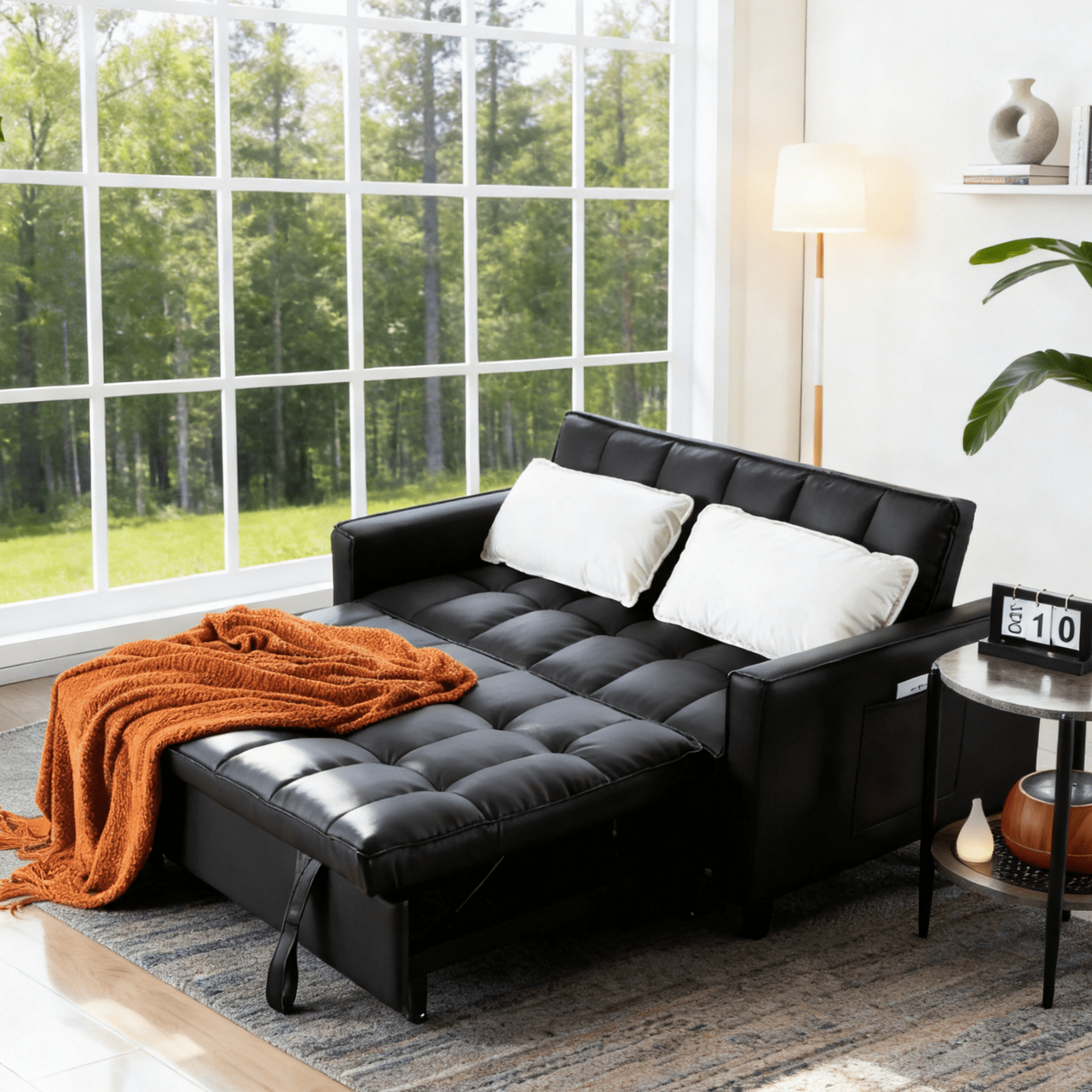 Gewnee 53.94" Pull-Out Sofa Bed – Convertible Twin Size Sleeper Bed,3 Adjustable Backrest Angles & Storage Side Pocket for Living Room,Office,Guest Room.Black PU