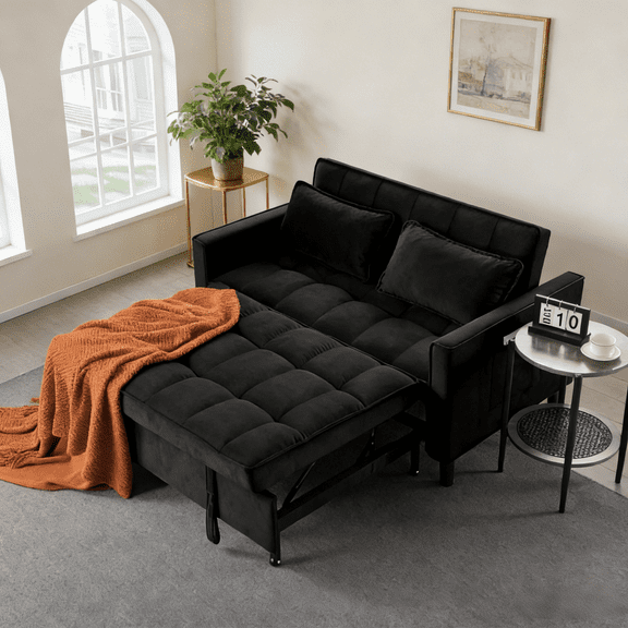 Gewnee 53.94 Inch Convertible Sofa Bed - Adjustable Backrest, Black Velvet Sofa for Living Room & Office