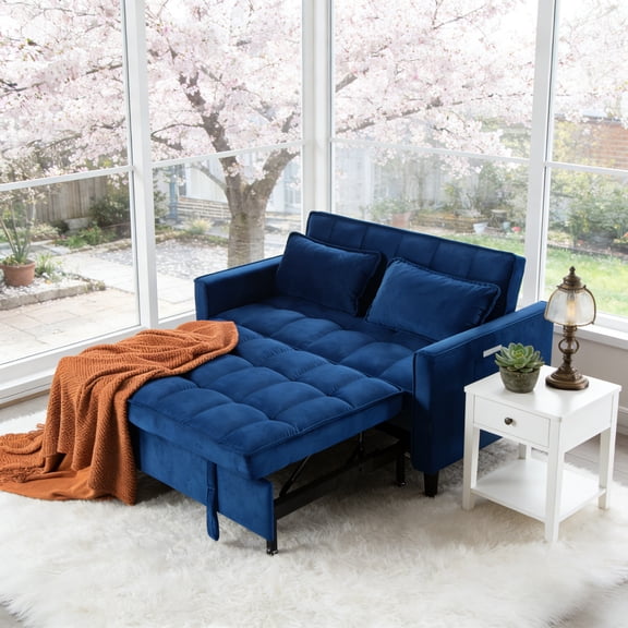 Gewnee 53.94 Inch Convertible Sofa Bed - Adjustable Backrest, Blue Velvet Sofa for Living Room & Office