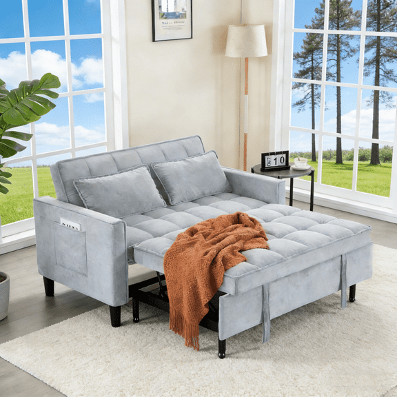 Gewnee 53.94 Inch Convertible Sofa Bed - Adjustable Backrest, Light Gray Velvet Sofa for Living Room & Office