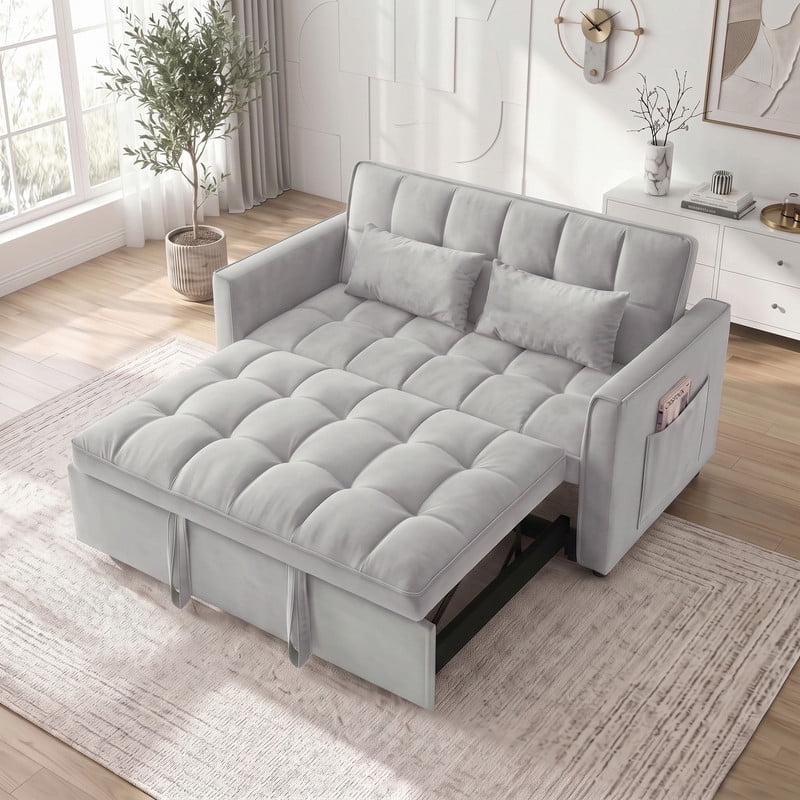 Gewnee 53" Sofa Bed, Convertible Sleeper Sofa & Pull Out Couch, 3-in-1 Velvet Loveseat with Adjustable Backrest and Storage Pocket, light gray