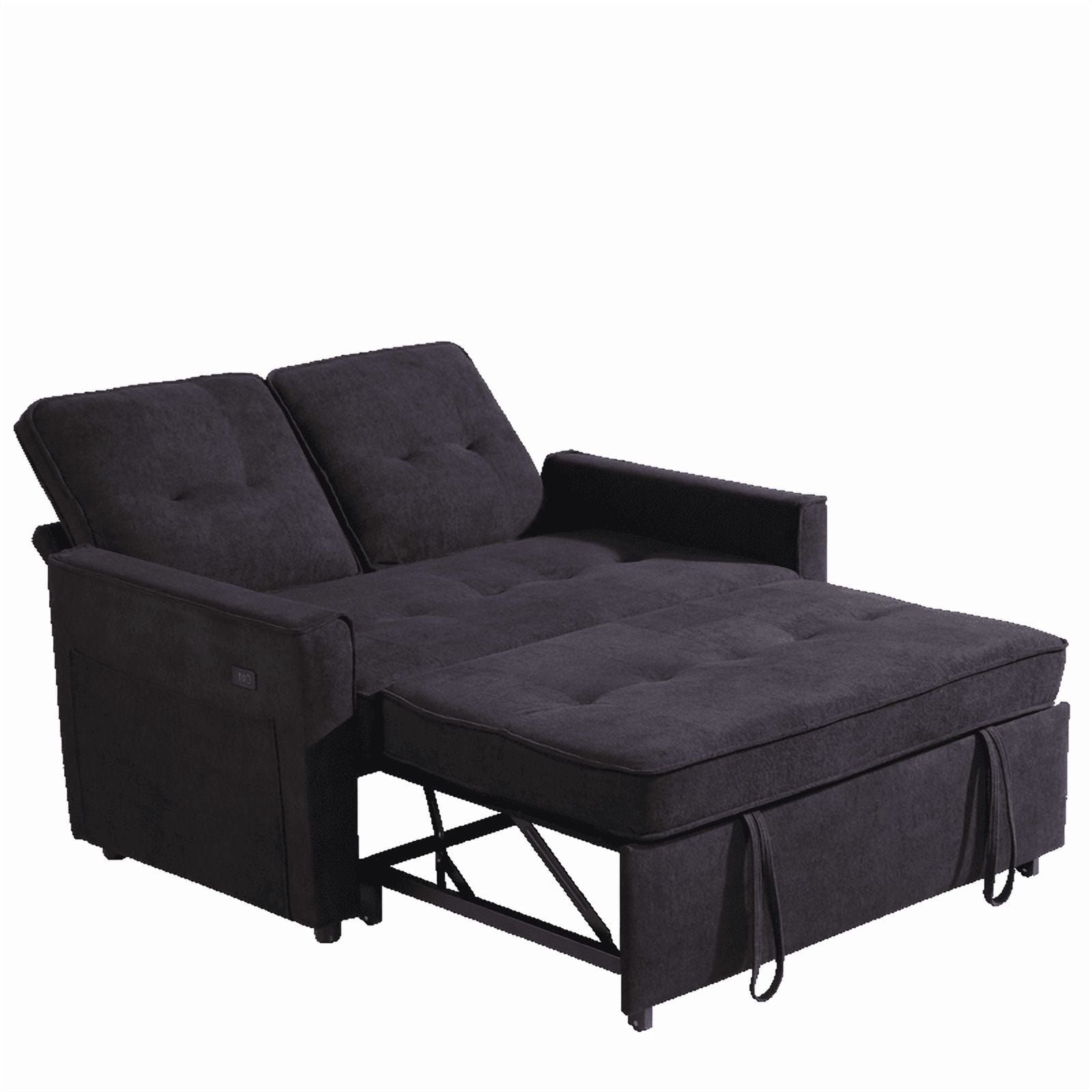 Gewnee 53” Sofa Bed, 3 in 1 Convertible Loveseat Sleeper Sofa, Pull Out Couch with USB Port, Futon Sofa Bed with Storage Pockets for Small Spaces, Teddy Fabric,Black