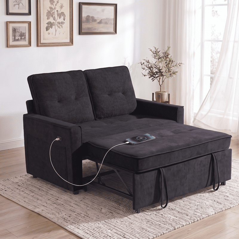 Gewnee 53” Sofa Bed, 3 in 1 Convertible Loveseat Sleeper Sofa, Pull Out Couch with USB Port, Futon Sofa Bed with Storage Pockets for Small Spaces, Teddy Fabric,Black