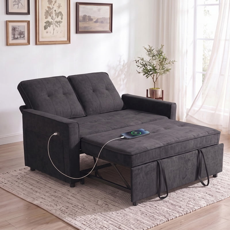 Gewnee 53” Sofa Bed, 3 in 1 Convertible Loveseat Sleeper Sofa, Pull Out Couch with USB Port, Futon Sofa Bed with Storage Pockets for Small Spaces, Teddy Fabric,Black