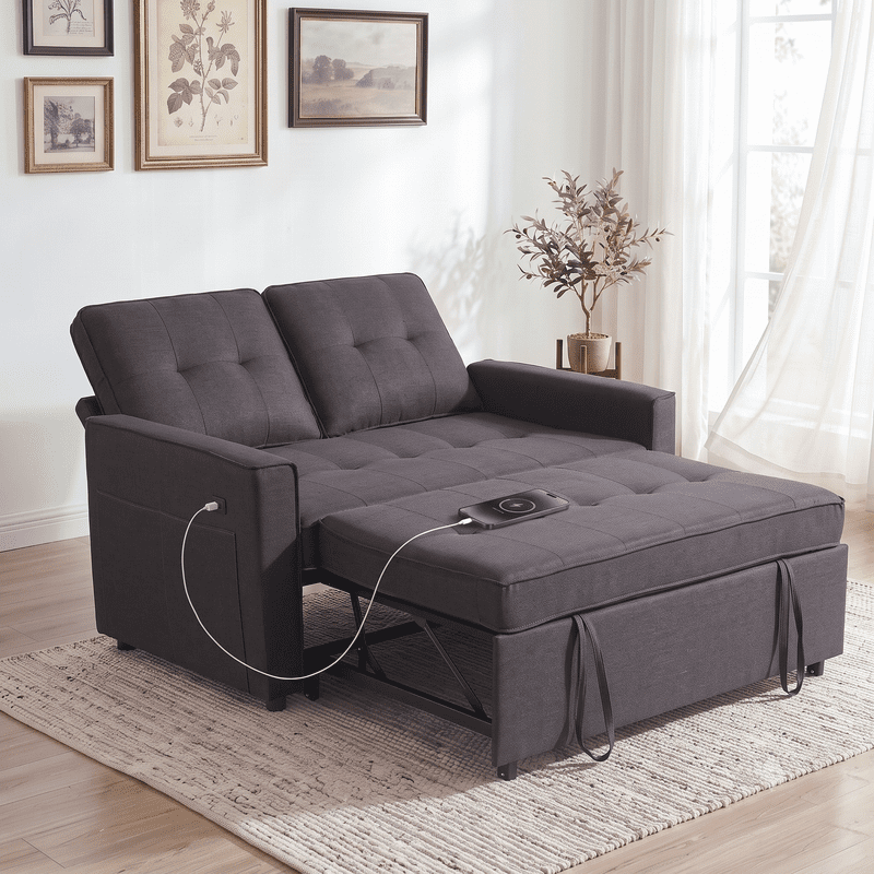 Gewnee 53” Sofa Bed, 3 in 1 Convertible Loveseat Sleeper Sofa, Pull Out Couch with USB Port, Futon Sofa Bed with Storage Pockets for Small Spaces, Teddy Fabric,Gray