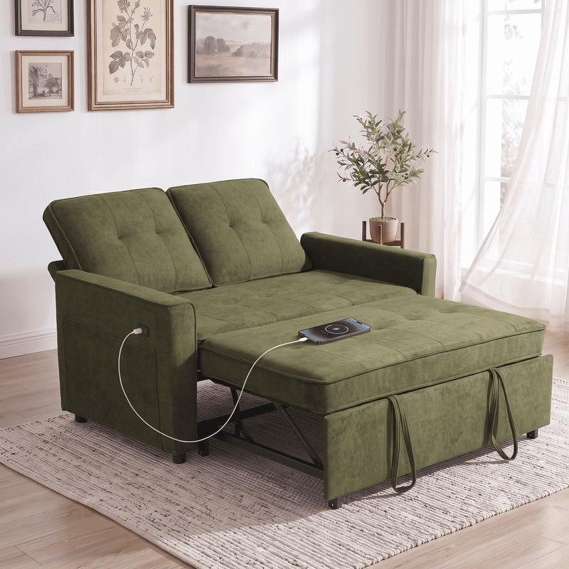Gewnee 53” Sofa Bed, 3 in 1 Convertible Loveseat Sleeper Sofa, Pull Out Couch with USB Port, Futon Sofa Bed with Storage Pockets for Small Spaces, Teddy Fabric,Green