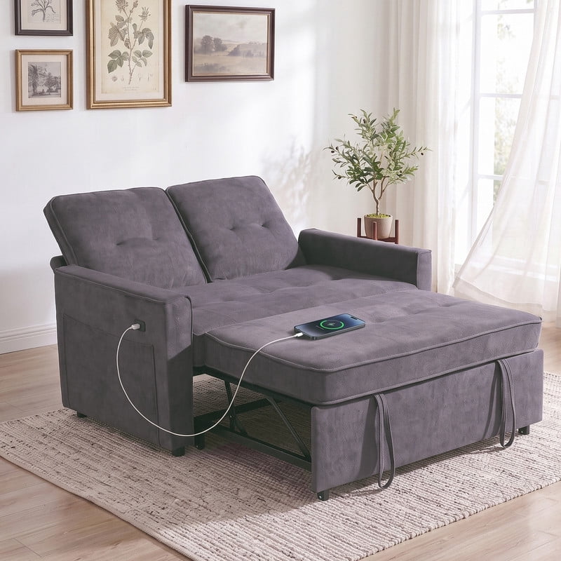 Gewnee 53” Sofa Bed, 3 in 1 Convertible Loveseat Sleeper Sofa, Pull Out Couch with USB Port, Futon Sofa Bed with Storage Pockets for Small Spaces, Teddy Fabric,Light Gray