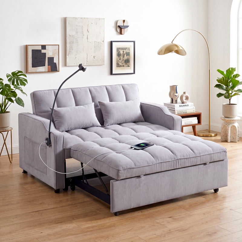 Gewnee 53" Sofa Bed, 3 in 1 Convertible Sleeper Sofa, Velvet Pull Out Couch Bed with USB Ports, Phone Holder & Side Storage Pockets, Adjustable Loveseat Sofa Bed for Living Room, Gray