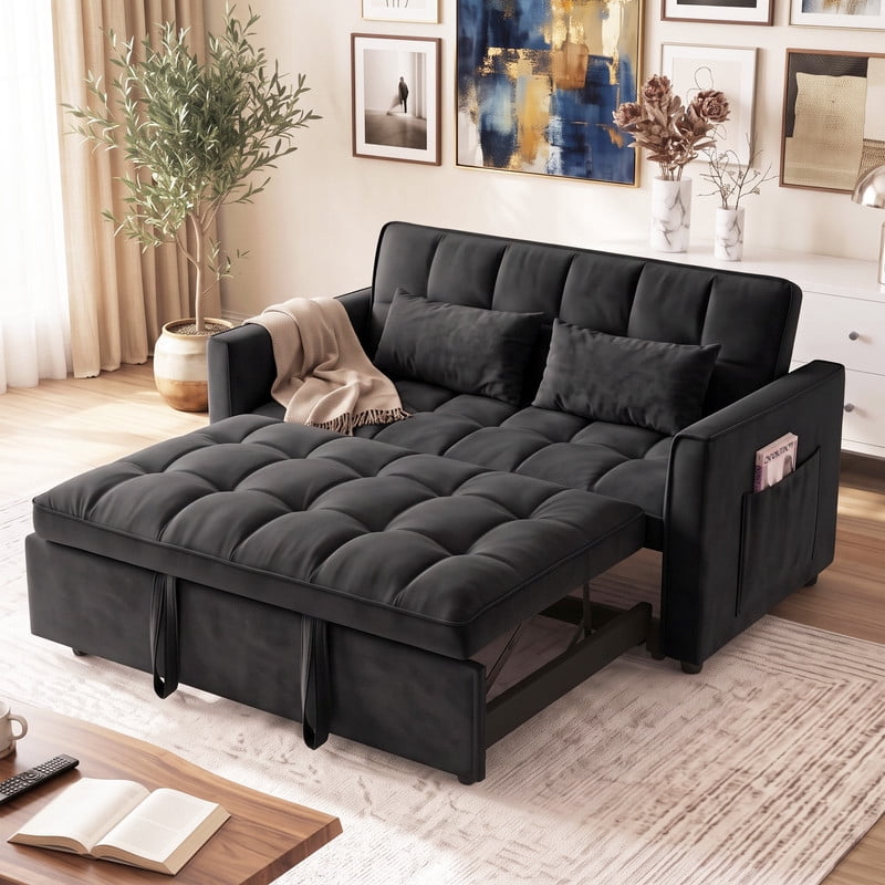 Gewnee 55" Sofa Bed, Convertible Sleeper Sofa & Pull Out Couch, 3-in-1 Velvet Loveseat with Adjustable Backrest and Storage Pocket, Black