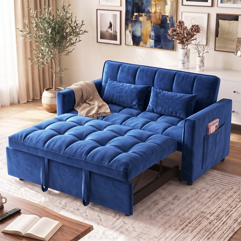 Gewnee 55" Sofa Bed, Convertible Sleeper Sofa & Pull Out Couch, 3-in-1 Velvet Loveseat with Adjustable Backrest and Storage Pocket, Blue