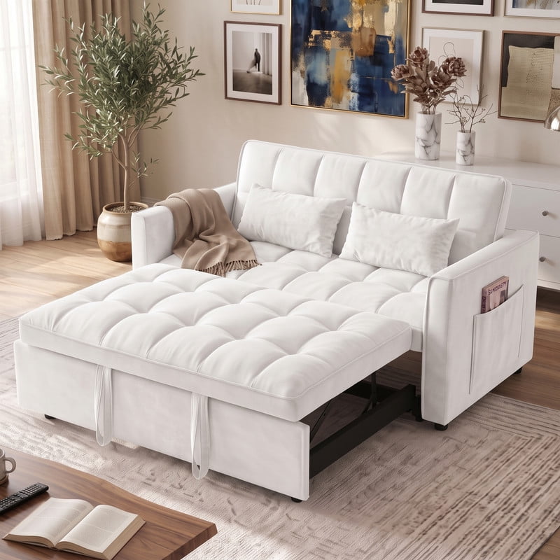 Gewnee 55" Sofa Bed, Convertible Sleeper Sofa & Pull Out Couch, 3-in-1 Velvet Loveseat with Adjustable Backrest and Storage Pocket, Beige