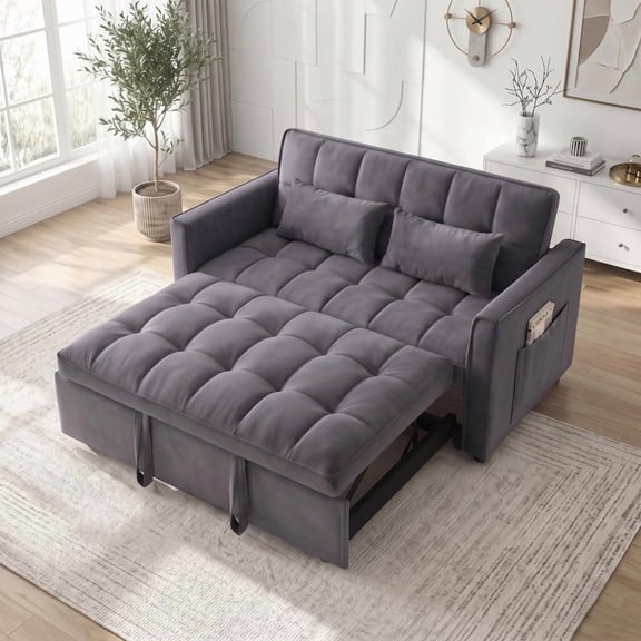 Gewnee 55" Sofa Bed, Convertible Sleeper Sofa & Pull Out Couch, 3-in-1 Velvet Loveseat with Adjustable Backrest and Storage Pocket, Dark Gray